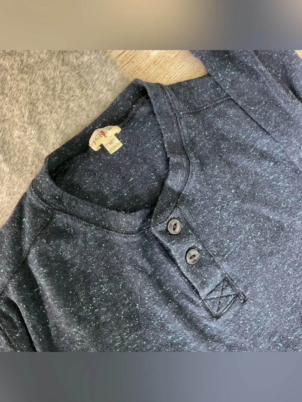 J. Crew Men's Navy Heathered Henley Knit Sweater 100% Cotton Size M